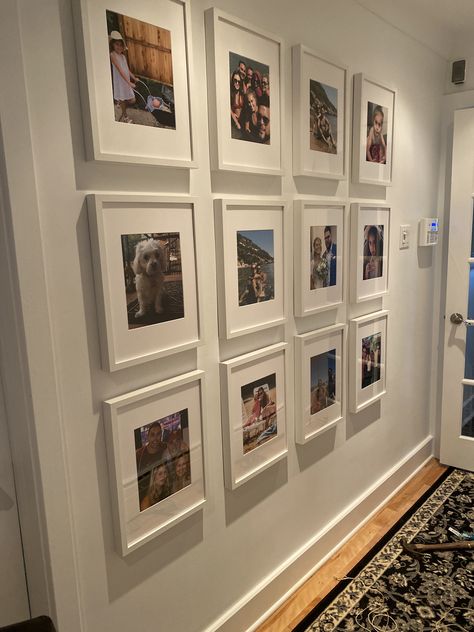 Corridor Picture Frames, Entryway Family Photos Entrance, Mix Tiles Photo Wall Ideas Hallway, Narrow Hallway Photo Wall Ideas, Mixtiles Hallway, Galary Wall Decor Hallway, Photo Wall Collage Hallway, Decor Narrow Hallway, Long Corridor Ideas