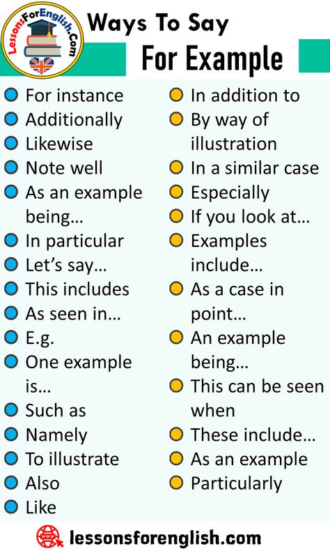 Ways To Say For Example, English Phrases Examples For instance Additionally Likewise Note well As an example being… In particular Let’s say… This includes As seen in… In addition to By way of illustration In a similar case Especially If you look at… Examples include… As a case in point… An example being… This can be seen when These include… As an example Particularly E.g. One example is… Such as Namely To illustrate Also Like Ways To Say For Example, Essay Writing Skills, English Vocab, English Word, Good Vocabulary Words, Good Vocabulary, English Language Teaching, English Writing Skills, Learn English Vocabulary