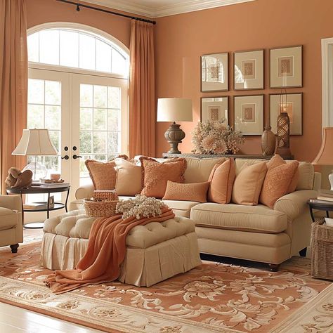 Warm Room Designs with Peach and Cinnamon Color Schemes • 333+ Art Images Coral Living Room Walls, Peach Walls Living Room, Peach Living Room Decor, Peach Living Room, Coral Living Room, Peach Living Rooms, Modern Cottage Bedroom, Peach Room, Coral Living Rooms