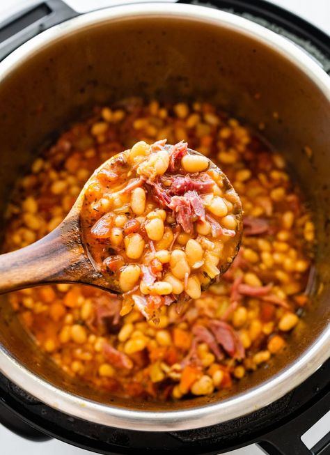 Instant Pot Navy Bean Soup with Ham Recipe - CucinaByElena Instant Pot Navy Bean Soup With Ham, Navy Bean Recipes Instant Pot, Instant Pot Beans And Ham, Navy Bean And Ham Soup Instant Pot, Instant Pot Ham And Bean Soup, Navy Bean Soup With Ham, Ham Bone Bean Soup, Navy Beans And Ham, Navy Bean Recipes