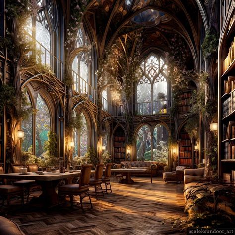 AlekSunDoor | In the shadows of living nature ❤️🌲🏡📖 . . ➡️ Follow me @aleksundoor_art and turn on your post notifications so you do not miss this… | Instagram Enchanted Forest Theme Library, Fairytale Castle Interior, Fantasy Hotel, Fantasy Rooms, Fairy Home, Castles Interior, Hogwarts Aesthetic, Fantasy Homes, Fantasy House