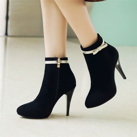 Womens Bowknot Pointy Toe Ankle Boots High Heels Pumps Sweet Shoes Plus Size Sepatu Pump, Ankle Strap Chunky Heels, Cute High Heels, High Heel Dress, Zipper Heels, Platform High Heels, Womens Shoes High Heels, Hot Shoes, Fashion High Heels