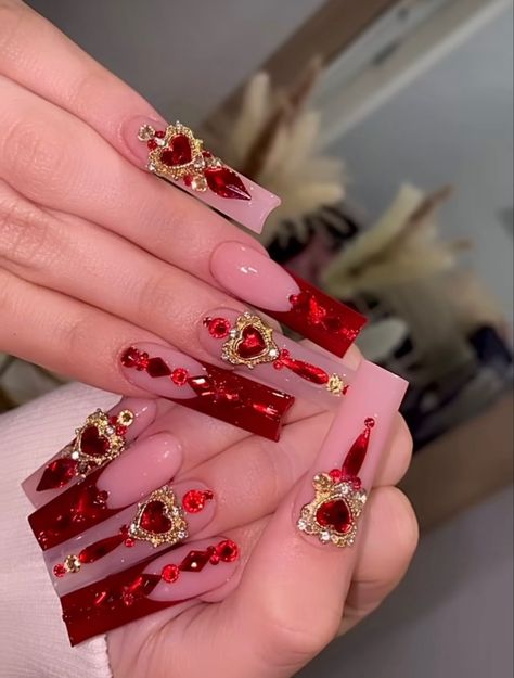 Red Long Nails With Gems, 15 Nails Ideas Red, Red French Nails With Rhinestones, Red And Gold Acrylic Nails Designs, Red Glam Nails Rhinestones, Red Acrylic Nails With Charms, Red Nails Quinceanera, Quince Ideas Red, Burgundy Quince Nails