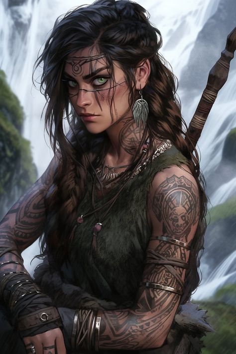 Image Mountain Ranger Dnd, Half Elf Barbarian Female, Barbarian Archer, Female Fighter Dnd, Dnd Ranger Character Design, Dnd Human Woman, Female Viking Art, Medieval Character Art, Elf Huntress