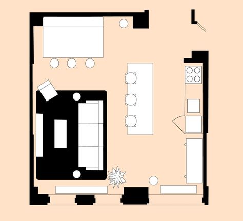 4 Living Room Layout For a Small Open-Plan Space Open Space Living Room And Kitchen Square, Living And Dinner Room Ideas, Sofa Open Plan Kitchen, Couch Separating Dining Room, Open Living Room Layout Apartment, Open Plan Square Kitchen Living Room, Small Living Room Ideas With Dining Area And Kitchen, Square Kitchen Dining Living Room Layout, Small Open Kitchen Dining Living Room