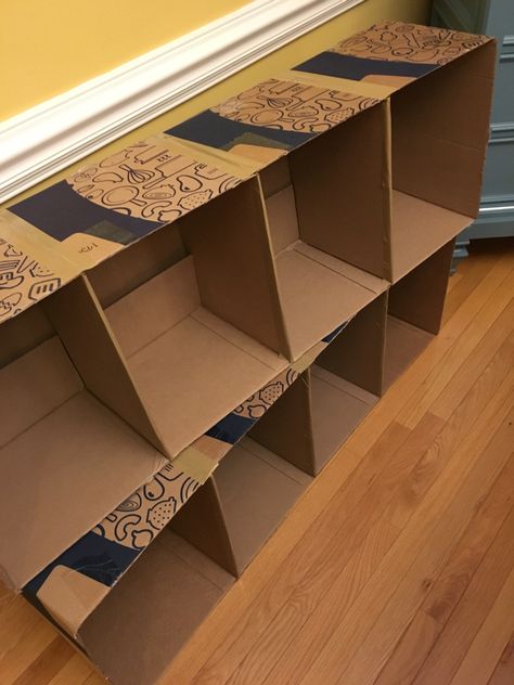 DIY Shelving from (gasp!) Cardboard Boxes?! – A Bunch of Craft Cardboard Box Storage, Diy Clothes Organiser, Cardboard Box Diy, Carton Diy, Diy Storage Shelves, Cardboard Storage, Diy Dresser Makeover, Diy Bird Bath, Diy Storage Boxes