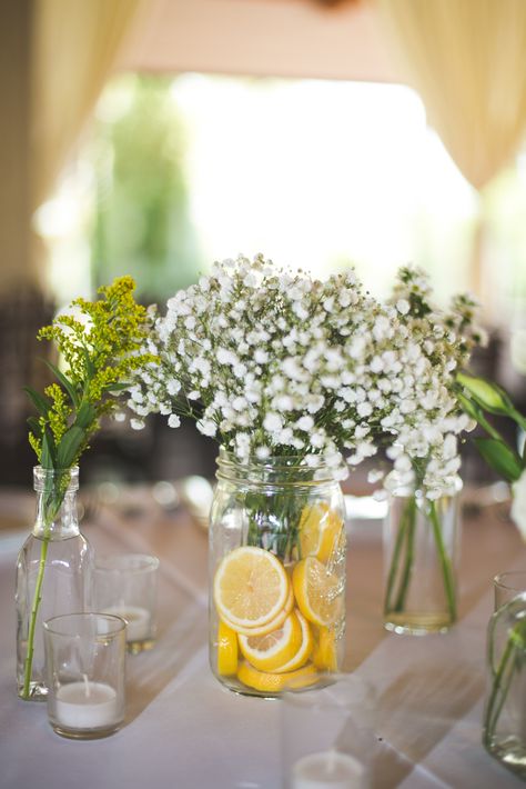 Lemon Table Decor, Lemon Centerpieces, Lemon Themed Bridal Shower, Unique Wedding Flowers, Wedding Floral Centerpieces, Mason Jar Wedding, Mason Jar Centerpieces, Wedding Table Decorations, Baby's Breath