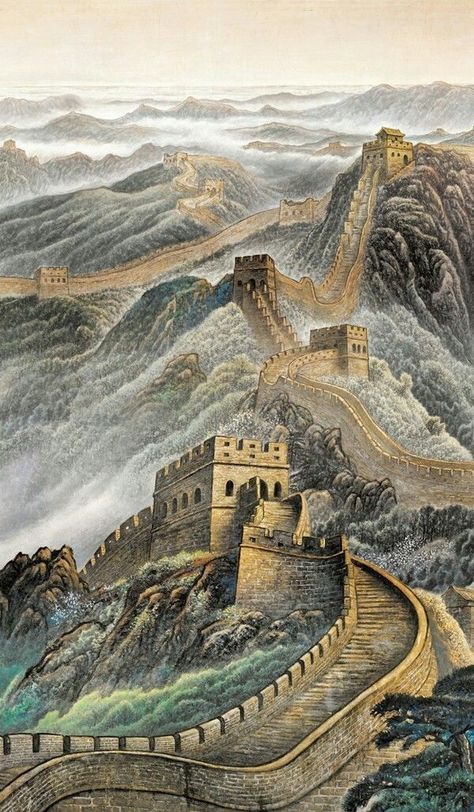 The Great Chinese Wall, Ancient China Landscape, Great Wall Of China Tattoo, Great Wall Of China Painting, Great Wall Of China Wallpaper, Great Wall Of China Drawing, Ancient China Aesthetic, China Wallpaper, China Landscape