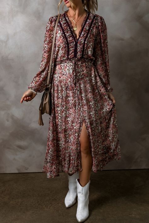 $13.85 Brown Floral Print Split Front Tiered Frilled V Neck Midi Dress Wholesale Brown Floral Print, Floral Print Design, Floral Print Midi Dress, V Neck Midi Dress, Sleeve Midi Dress, Long Sleeve Midi, Feminine Look, Brown Floral, Printed Midi Dress