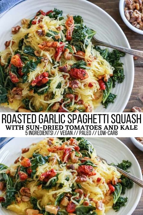 Roasted Garlic and Kale Spaghetti Squash with Sun-Dried Tomatoes - The Roasted Root Whole30 Pasta Recipes, Fresh Jalapeno Recipes Healthy, Whole 30 Italian Recipes, Healthy Gallbladder Recipes, Spaghetti Squash Vegan Recipes, No Carb Vegetarian Recipes, No Carb Recipes For Dinner, Healthy Dinner Recipes For Diabetics, Speggetti Squash Recipes Spaghetti