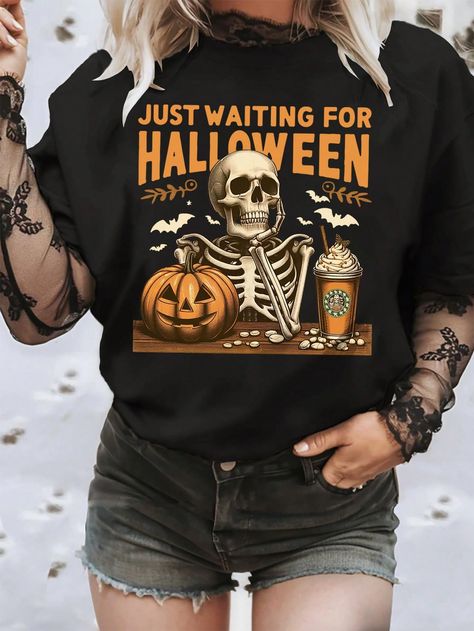 Women's Halloween Skull & Pumpkin Print T-Shirt Black Casual  Short Sleeve Knitted Fabric Figure,Halloween,Letter,Slogan  Medium Stretch Summer Women Clothing, size features are:Bust: ,Length: ,Sleeve Length: Halloween T-shirt, Halloween Letras, Halloween Shirt Design, Halloween Letters, Skull Pumpkin, Drop Shoulder Tee, Halloween Tshirt, Casual Athletic, Pumpkin Print