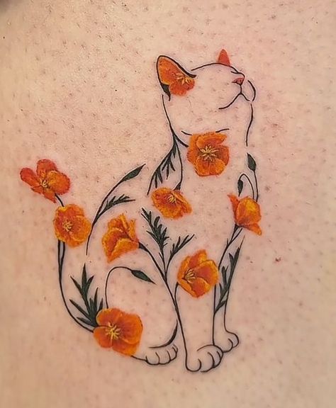 Orange Kitty Tattoo, Tattoos That Go With Flowers, Cat Tattoo 3 Cats, Cat Tattoos With Flowers, Kitty Cat Tattoos, Two Foxes Tattoo, Catnip Tattoo, Cat Related Tattoos, Cat Flowers Tattoo