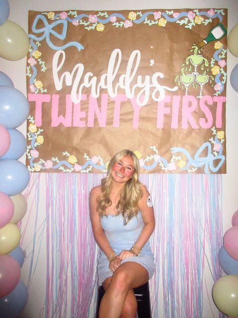 21st Birthday Themes For Her At Home, 21st Birthday Banner Diy, Colorful 21st Birthday Party, 21 Banner Ideas, 22nd Birthday Banner, 21 Sign Night, 21st Bday Sign, 20th Birthday Banner, 21 Birthday Sign Ideas