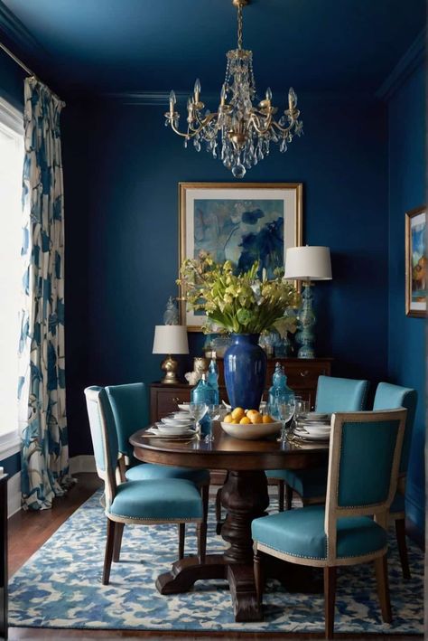 dining room color scheme ideas in audacious sapphire e 2 Dining Room With Crystal Chandelier, Dining Room Color Scheme Ideas, Dark Blue Dining Room, Interior Design Timeless, Dining Room Teal, Dining Room Navy, Colonial Dining Room, Blue Dining Room, Dining Room Wall Color