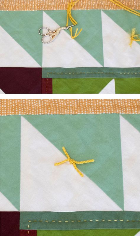 This quilt tying tutorial from suzyquilts.com shows how to tie a quilt with yarn or embroidery thread. Quilt ties is an easy and fast way to finish a quilt. #quilting #quiltties How To Tie Off A Quilt, Quilt Knots Tie, Tying A Quilt With Yarn, Different Ways To Finish A Quilt, Tying A Quilt Ways To, Yarn Tied Quilt, How To Tie A Quilt Tutorials, Tie Quilts How To Make A, Tied Quilts Ideas