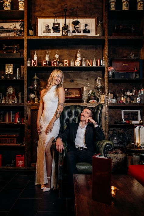 #speakeasy #bar #bartenderlife #bartender #engagementsession Speakeasy Wedding Photos, Speakeasy Couple Photoshoot, Vintage Bar Photoshoot, Photoshoot In Bar, Speakeasy Photoshoot, Speakeasy Engagement Photos, Bar Engagement Pictures, Bar Wedding Photos, Bar Photoshoot Ideas