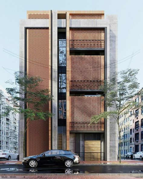 Modern Brick Facade, Brick Building Facade, Brick Facade Design, Villa Facade Design, Apartments Exterior, Commercial Design Exterior, Facade Architecture Design, Residential Building Design, Modern Exterior House Designs