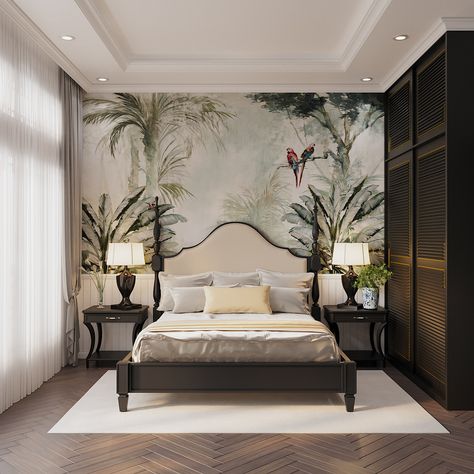 Ha Tinh villa 2nd Floor - Indochine style on Behance Indochine Interior, Simple Bed Designs, Indochine Style, Café Design, Colonial Interior, Tropical Bedrooms, Wooden Bed Design, Small Bedrooms, Bunk Bed Designs