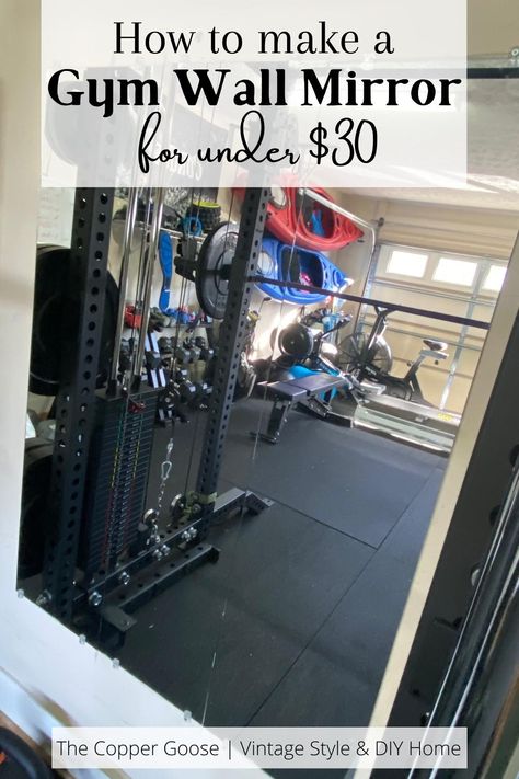 GYM WALL MIRROR FOR LESS THAN $30 - The Copper Goose Gym Wall Mirror, Diy Workout Room, Home Gym Mirror Ideas, Gym Mirror Wall, Garage Gym Design, Cheap Home Gym, Cheap Mirror, Basement Home Gym, Basement Gym Ideas