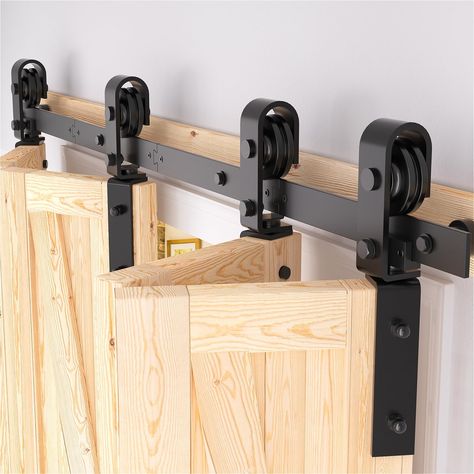 52" Bifold Barn Door Hardware Kit, black plastic spraying, thickened carbon steel, anti-skipping design, fit for 4 bifold doors. Folding Barn Door, Folding Door Hardware, Sliding Barn Door Track, Build My Own House, Barn Door Locks, Rustic Log Furniture, House Window Design, Bifold Barn Doors, Attic House