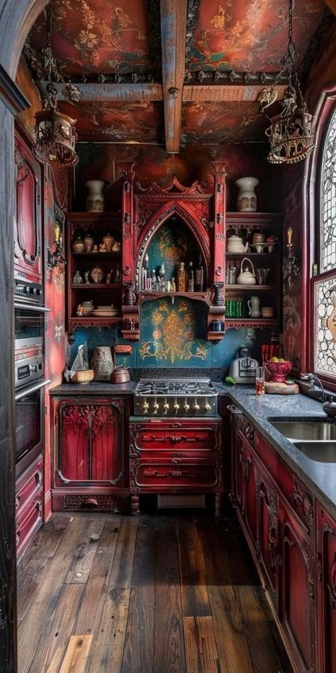 Red Wood Interior, Photography House, California Life, Bohemian Style Decor, Architecture Nature, Dark Home Decor, Dark Home, Wooden Floors, Boho Kitchen