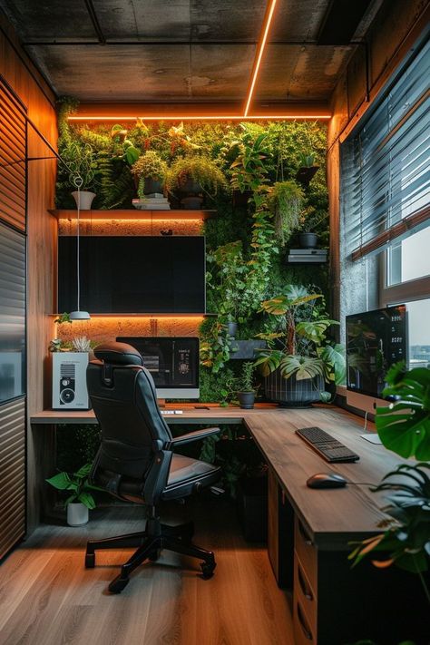 Workspace Setup Inspiration, Pc Setup With Plants, Office Ideas With Plants, Office Space With Plants, Office Wall Decoration Ideas, Plant Gaming Room, Nature Desk Setup, Battlestations Workspaces, Natural Gaming Setup