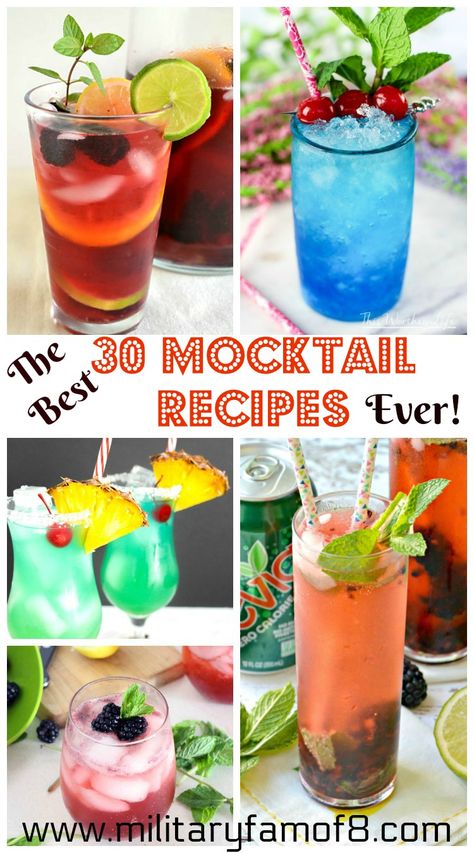 This is a list of The Best 30 Mocktail Recipes Ever! Recipes for mocktails, non alcoholic drinks, alcoholic drinks, for your next party or event. Party drink recipes that are delicious! via @militaryfamof8 Mocktails Non Alcoholic, Best Non Alcoholic Drinks, Mocktail Drinks, Easy Alcoholic Drinks, Alcholic Drinks, Mocktail Recipes, Drink Recipes Nonalcoholic, Non Alcoholic Cocktails, Alcoholic Cocktails