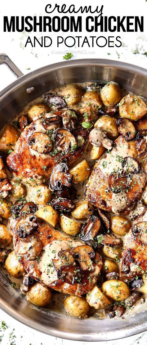 Potato Mushroom Recipe, Caramelized Mushrooms, Cream Of Mushroom Chicken, Buttery Potatoes, Creamy Mushroom Chicken, Chicken Mushroom Recipes, Garlic Cream Sauce, Carlsbad Cravings, One Skillet