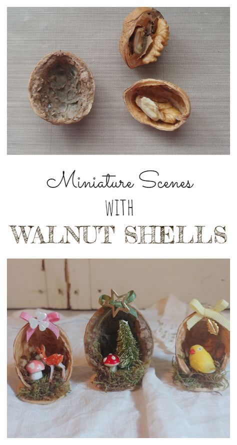 Miniature Scenes from Walnut Shells How To Open Walnut Shell, Walnut Miniature Art, Walnut Shell Art, Walnut Miniatures, Walnut Crafts, Walnut Shell Crafts, Acorn Crafts, Miniature Scenes, Shell Ornaments