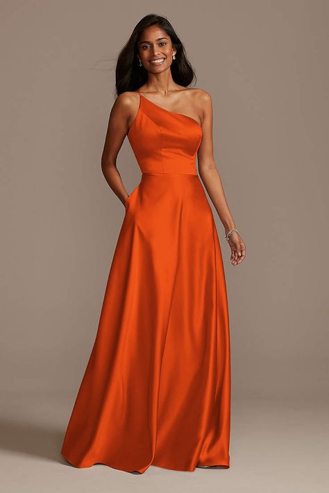 Elegant Dresses Classy Classic Style, Orange Dresses Formal, Best Dress Websites, Orange Evening Dress, A Line Bridesmaid Dresses, Classy Bridesmaid Dresses, Orange Satin Dress, Orange Formal Dresses, Orange Gown