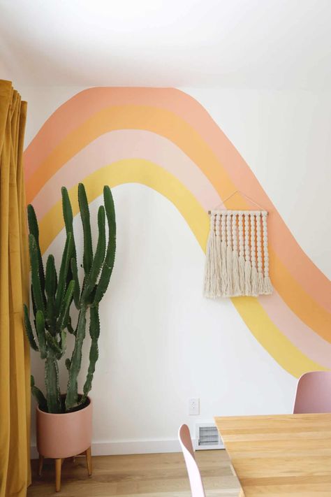 Striped Wave Wallpaper DIY! #wallpaper #wallpaperdiy #statementwalls #rainbowwall #abeautifulmess Groovy Mural Art, Retro Rainbow Bedroom, Airbnb Bedroom, Wave Wallpaper, Wall Murals Diy, Wallpaper Diy, Home Decor Minimalist, Modern Color Schemes, Room Wall Painting