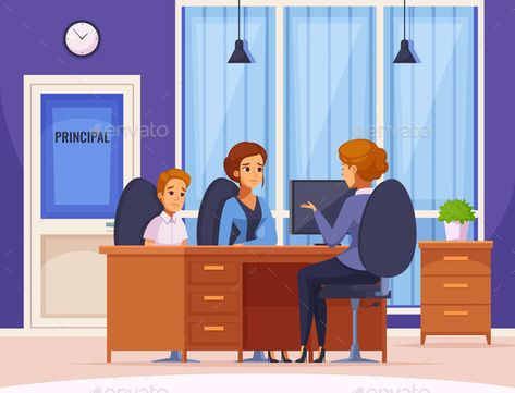 Children parents parenthood cartoon composition with headmaster office interior and human character of mother and child vector illustration Headmaster Office, Office Clipart, Cartoon Composition, Funny Birthday Jokes, Office Cartoon, High School Principal, Human Character, Principals Office, Office Images