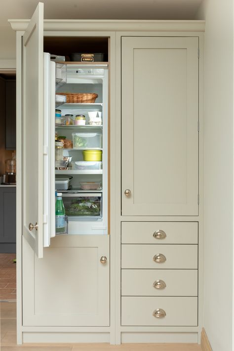 Small Refrigerator Freezer, Fridge Freezer Larder Unit, Refrigerator Inside Pantry, Fridge In Cupboard, Integrated Fridge Freezer Cabinet, Freezer Cabinet, Fridge Cupboard Ideas, Built In Fridge Ideas, Cupboard Fridge