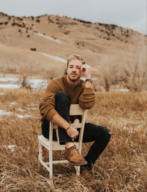 Men Chair Photoshoot, Outdoor Man Photoshoot, Male Model Outdoor Photoshoot, Men Portrait Poses Outdoor, Outdoor Photoshoot For Men, Field Chair Photoshoot, Farm Photoshoot Ideas Men, Chair Portrait Photography, Chair In Field Photoshoot