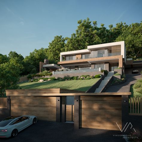 Villa in Gagra on Behance House On A Hill With Pool, Garage Under House Slope, Villas On Slope, Hill Villa Design, Sloping Lot House Plans Modern, Down Slope House Design, Modern House On A Slope, Modern House Hillside, Villa On Slope