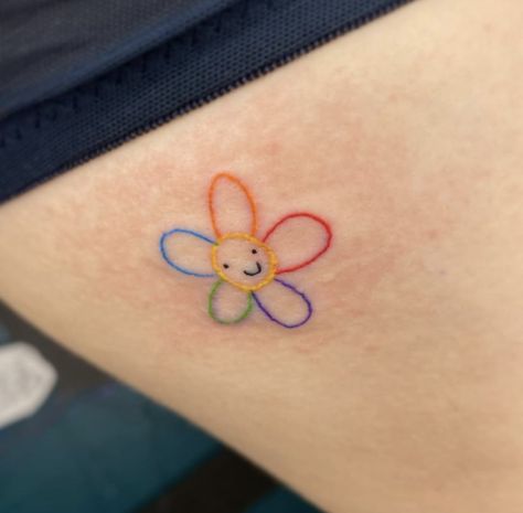 cute flower tattoo #tattooideas Silly Small Tattoos, Tiny Flower Tattoos, Like A Tattoo, Cartoon Tattoos, Aesthetic Tattoo, 8 Bits, Normal People, Cute Flower, Color Tattoo