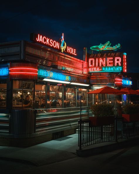 Jackson Hole Diner neon signs at night in Astoria, Queens, New York Astoria Queens, Astoria Ny, Rail Transport, Nyc Street, Queens New York, Hotel Motel, Posters Framed, Jackson Hole, Beautiful Architecture