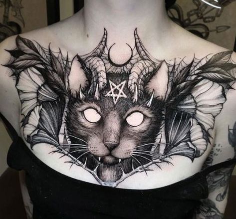 Witchy Chest Tattoo, Tattoo Sleeve Cover Up, Chest Neck Tattoo, Geometric Watercolor Tattoo, Cat Demon, Chest Tattoo Ideas, Tattoo Artists Near Me, Goth Tattoo, Devil Tattoo