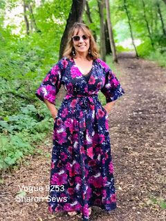 Sharon Sews wearing Vogue 9253 Floral Maxi Dress Floral Dress Patterns, Vogue 9253, Full Bust Adjustment, Sewing Things, Deep V Dress, Vogue Sewing Patterns, Pant Trends, Clothes Sewing, Vogue Patterns