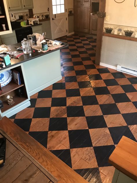 Black And Brown Checkered Floor, Checkered Floor Entryway, Brown Checkered Floor, Painted Checkered Floor, Checkered Floor Kitchen, Black Baseboards, Checker Floor, Checkered Kitchen, Painted Plywood Floors