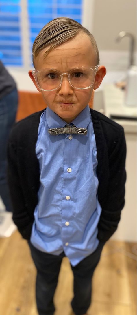 Kids Old Man Costume 100th Day, 100 Days Of School Old Man, 100 Days Of School Boys Old Man, 100 Years Old Costume For Kids 100th Day, 100 Year Old Costume For Teachers, Old Man Makeup, Funny Homeschool, Old Man Outfit, Decades Day Outfits