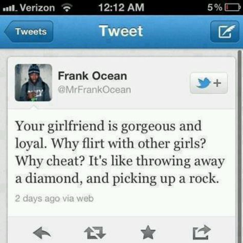 Throwing away a diamond and picking up a rock... Frank Ocean Quotes, Ocean Quotes, Tumblr Quotes, Frank Ocean, Pretty Words, Pretty Quotes, Picture Quotes, Beautiful Words, True Quotes