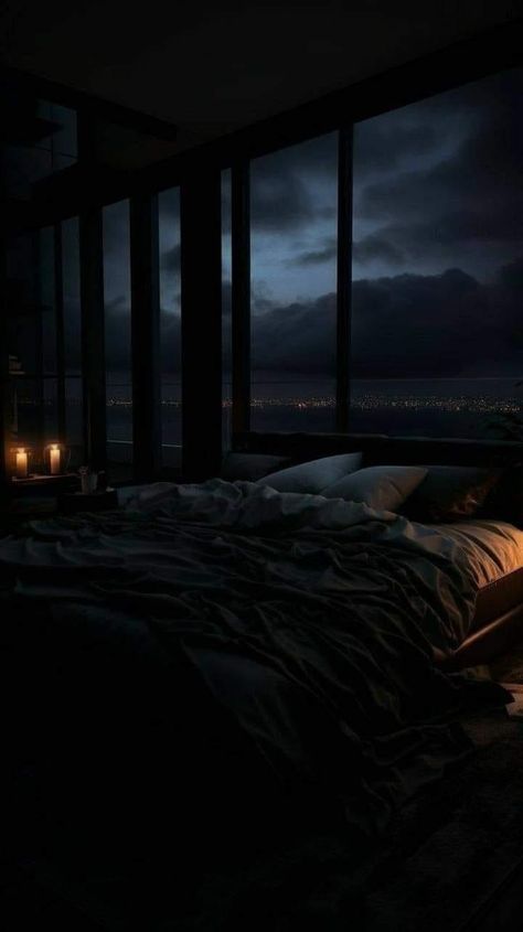 Dark Bedroom Aesthetic, Bedroom Aesthetic Ideas, Penthouse Bedroom, Aesthetic Bedrooms, Bedroom Ideas Aesthetic, Apartment View, Dark Bedroom, Dark House, Bedroom Light Fixtures