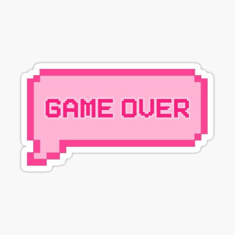 this sticker says 'game over' inside a pink pixelated text box. every design is available on TONS of items including shirts, stickers, magnets, journals, pillows, bucket hats, phone and laptop cases and heaps more. Text Sticker Design, Gaming Collage, Text Box Design, Pixel Stickers, Video Game Stickers, Pink Planner Stickers, Phone And Laptop, Video Game Quotes, Game Over