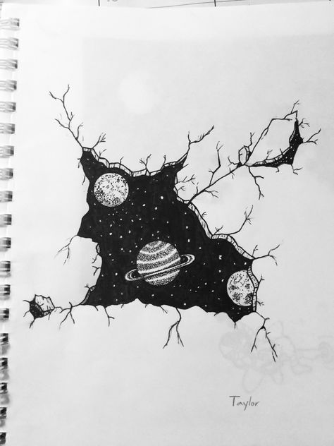 Space And Planets Drawing, Space Ink Art, Drawing Ideas Space Theme, Black And White Space Drawing, Space Scene Drawing, Surreal Drawing Ideas Creative, Galaxy Sketch Pencil, Lucid Dreaming Art Drawings, Space Sketch Ideas