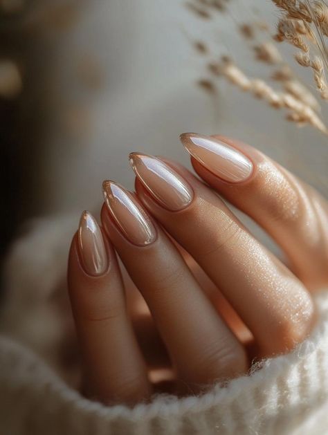 Ombre Nails Glazed, Feminine Almond Nails, Call Almond Nails, Elegant Acrylic Nail Designs, Elegant Holiday Nails Almond, Winter Nails Neutral Simple, Nude Holiday Nails Almond, Almond Shape Nail Color Ideas, Neutral Shiny Nails