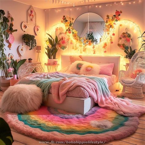 Elegant Boho Home Decor, Fun Diy House Decor, Retro 70s Bedroom Ideas, Pastel Studio Apartment, Bad Room Colour, Maximalist Girls Bedroom, Colorful Bedroom Aesthetic, Funky Retro Bedroom, Y2k Maximalist