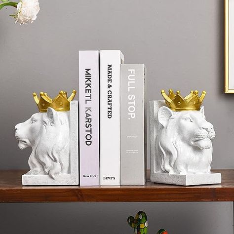 White Bookshelf Ends Resin Kids Bookends for Shelves Heavy Duty Sujetalibros Unique Figurine Statue Gifts for Home Office Decor, White. 🐯Easy to Care for: The resin material is easy to clean, just wipe it gently with a damp towel, if there are stubborn stains, you can add some alcohol or daily cleaner. Book Stopper, Lion Bookends, Kids Bookends, White Bookshelf, Lion Book, White Bookshelves, Decorative Bookends, King Lion, Modern Books