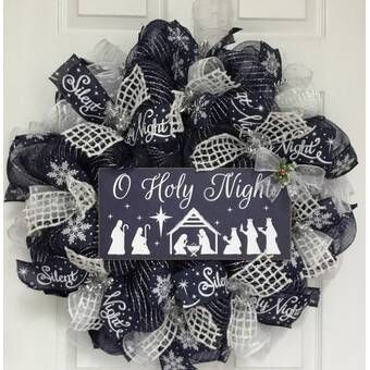 The Holiday Aisle® Silent Night Holy Night 24" Deco Mesh Wreath Disney Wreath, Silent Night Holy Night, Deco Mesh Christmas Wreaths, Christmas Mesh Wreaths, Blue Wreath, O Holy Night, Xmas Wreaths, Bright Christmas, Religious Christmas