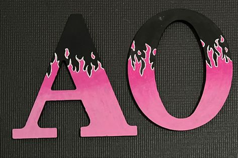 A and O wooden letters painted pink ombré flames with black background (flames outlined in white) Cute Sorority Letters Painted, Painted Greek Letters Wooden, Sorority Letters Painted Wooden Big, Painted Letters Sorority, Pink Sorority Letters, Sorority Letter Ideas, Letter Painting Ideas Wooden Aesthetic, Ombre Wooden Letters, Sorority Letters Painted Wooden